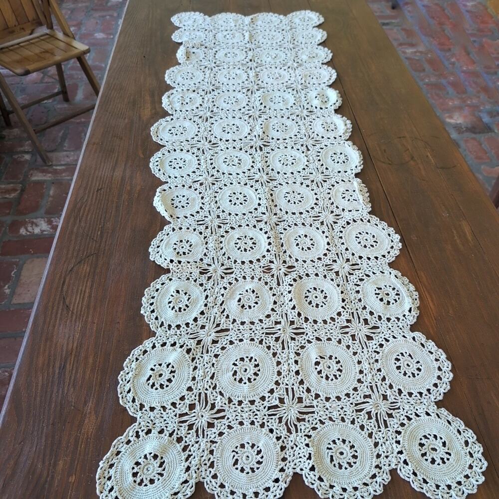 Vintage Handmade Crocheted Cotton Table Runner - Dresser Scarf, 19" x 58"